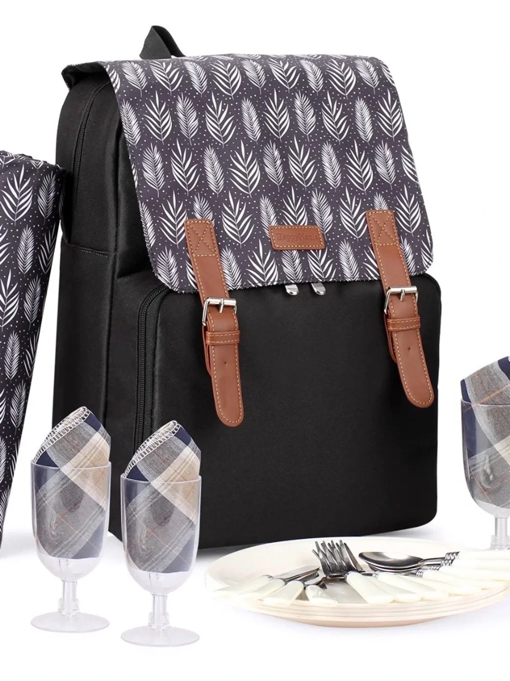 Insulated Black Patterned Picnic Wine Set Backpack with Glasses and Cutlery